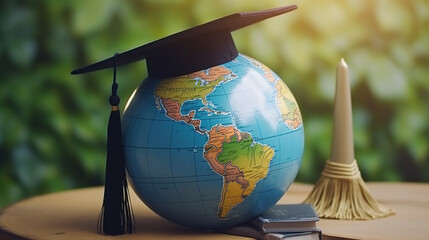 Graduated study abroad international Conceptual, Graduation hat on top Earth globe. generative ai - obrazy, fototapety, plakaty