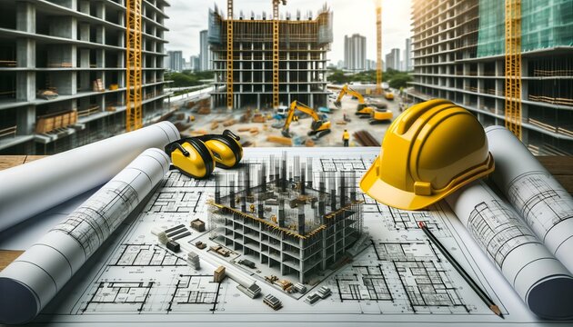 Detailed building drawings with yellow safety helmet against an active construction site backdrop