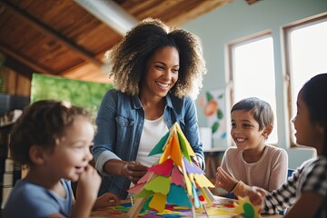 A dedicated early childhood educator provides educational and playful activities to a diverse group of children, promoting their development and creativity in a supportive environment.