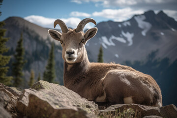 Obraz premium Mountain goat on a rock - Generative AI