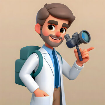 a cartoon man in a lab coat holding a camera and a backpack Generative AI