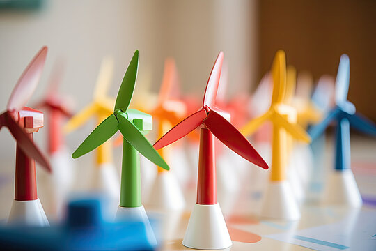 Renewable Energy: Mockup of colorful wind turbines producing cle