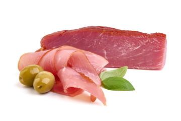 Delicious smoked pork slices, isolated on white background.