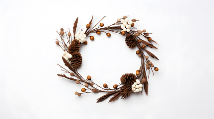 Elegant autumn-inspired wreath with dried leaves, pinecones, and twigs on a neutral background.