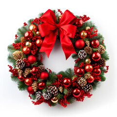 Fototapeta na wymiar Vibrant red Christmas wreath. Traditional symbol of Christmas.