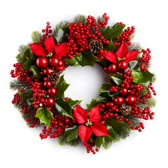 Fototapeta na wymiar Vibrant red Christmas wreath. Traditional symbol of Christmas.