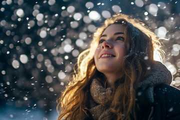 Young woman rejoices in the first winter snow. Let it snow.  Snow and Christmas.