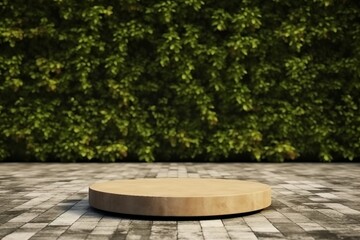 empty mockup of render spring scene and Natural podium background, stone podium on the brick floor, backdrop colorful leaf wall for product display advertising, cosmetic. generative ai.