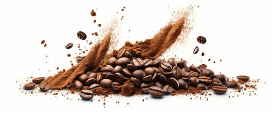 Coffee powder and coffee beans splash or explosion - obrazy, fototapety, plakaty