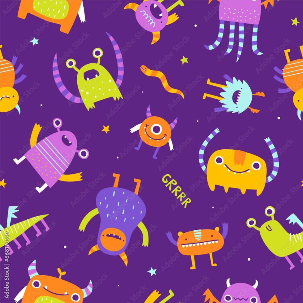 Wall mural seamless pattern with funny monsters for kids. abstract vector print with stylized monsters for text