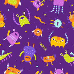 Seamless pattern with funny monsters for kids. Abstract vector print with stylized monsters for textile.