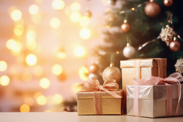 Christmas tree with gift boxes on bokeh background, close up.