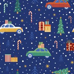 Christmas Pattern with Cars Carrying Cristmas Tree