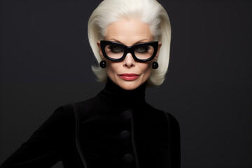 Fototapeta na wymiar wealthy older woman model in fashion pose wearing heavy black rimmed glasses, isolated on dark gray studio background