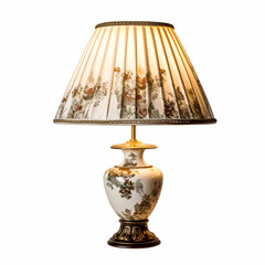 Vintage country style antique table lamp with a beautiful lampshade design isolated on white background, interior design and cottage home decor, post-processed, generative ai