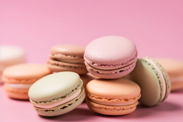 Macaroons on cream pastel background, chic cafe dessert, sweet food and holiday cake macaron for luxury confectionery, generative ai
