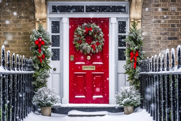 Fototapeta na wymiar Christmas wreath and decoration on a classic red door on snowing winter holiday, Merry Christmas and Happy Holidays wishes, generative ai