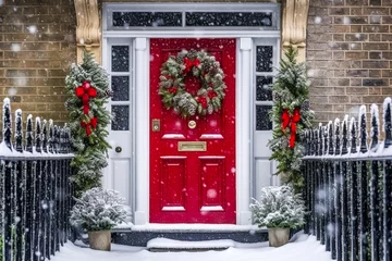 Fotobehang Christmas wreath and decoration on a classic red door on snowing winter holiday, Merry Christmas and Happy Holidays wishes, generative ai © Anneleven
