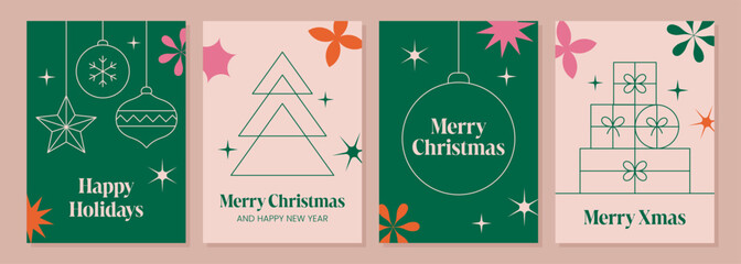 Set of modern minimalist Christmas posters with abstract geometric shapes. Xmas holiday covers. Vector illustration
