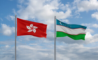 Uzbekistan and Hong Kong flags, country relationship concept