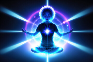 Fototapeta premium The girl meditates. Journey to Inner Peace. Embracing Meditation for Mind, Body and Soul. Generative AI