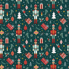 Christmas Pattern with Nutcracker Soldier and Toys