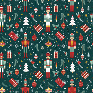 Christmas Pattern with Nutcracker Soldier and Toys
