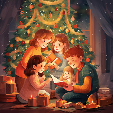 European Family Decorating Christmas Tree with Colorful Lights