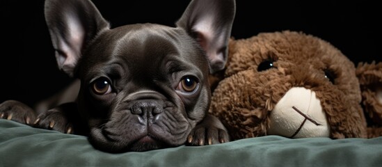 A French bulldog is lying on a striped blanket gnawing a stuffed bear near the stove with cotton wool