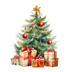 Obraz na płótnie Canvas Watercolor Christmas tree with gifts. Evergreen spruce with balls, garlands and presents for greeting card, invitation, sticker.