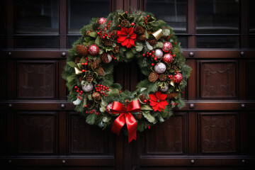 Fototapeta na wymiar Christmas wreath in front of the entrance door of a house.
