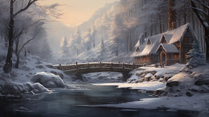 A peaceful, snow-covered bridge over a gently flowing, icy stream.