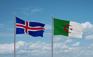 Iceland and Algeria national flags, country relationship concept