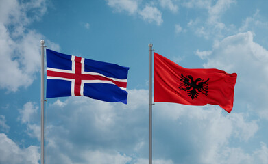 Iceland and Albania national flags, country relationship concept