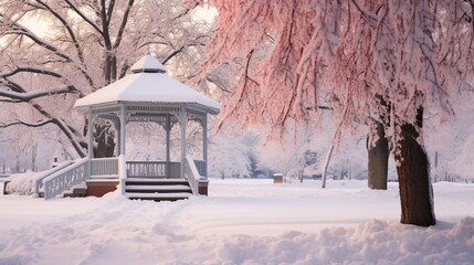 A peaceful winter scene of a lone bench under a snow-covered gazebo.