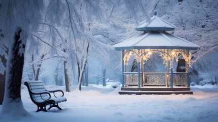 A peaceful winter scene of a lone bench under a snow-covered gazebo. - obrazy, fototapety, plakaty