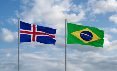 Iceland and Brazil flags, country relationship concept