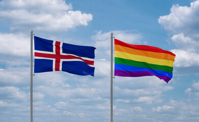 Gay Pride and Iceland flags, country relationship concept