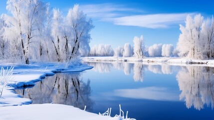 A pristine, frozen pond reflecting a clear blue sky, capturing the serenity of winter.