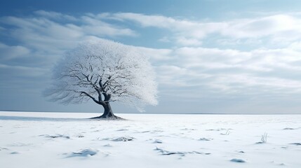 A pristine, snow-covered meadow with a lone, majestic tree in the center.