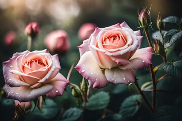 A close-up photograph of dew-kissed roses in an English cottage garden, taken with a macro lens, soft pastels, romantic atmosphere