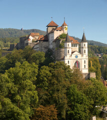 Fototapeta na wymiar Aarburg castle and Evangelical church, Canton Aargau