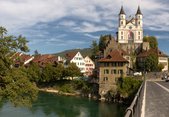 The river Aare and Evangelical church in Aarburg, Canton of Aargau