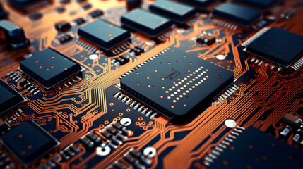 Close-up of a vibrant circuit board with microchips and electronic components, showcasing the intricate design of modern technology.