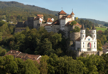 Fototapeta na wymiar Aarburg castle and Evangelical church, Canton of Aargau