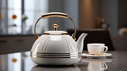 a white tea kettle on a kitchen table