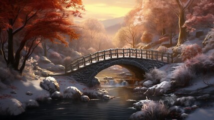 A quaint bridge over a partly frozen river, marking the transition from autumn's warmth to winter's chill.