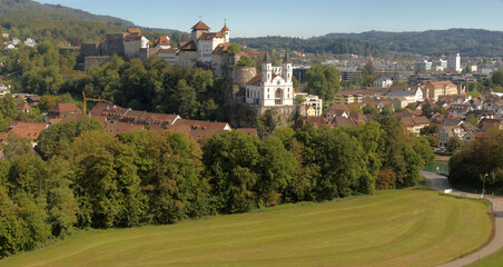 Panoramic view of Aarbug, Canton of Aargau, showing the castle and church
