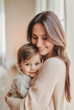 immagine primo piano di giovane donna con in braccio un bambino, interno luminoso e accogliente
