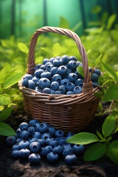 A wicker basket filled with fresh blueberries is placed next to vibrant green leaves. This image can be used to showcase the beauty of nature, healthy eating, or summer harvest